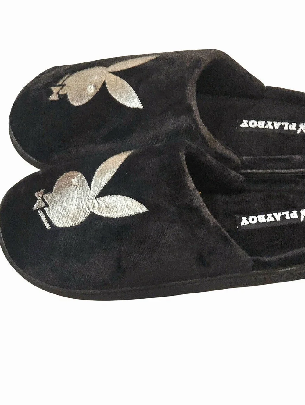 Playboy Metallic Bunny Logo Indoor/Outdoor Memory Foam Slide Slippers- Black